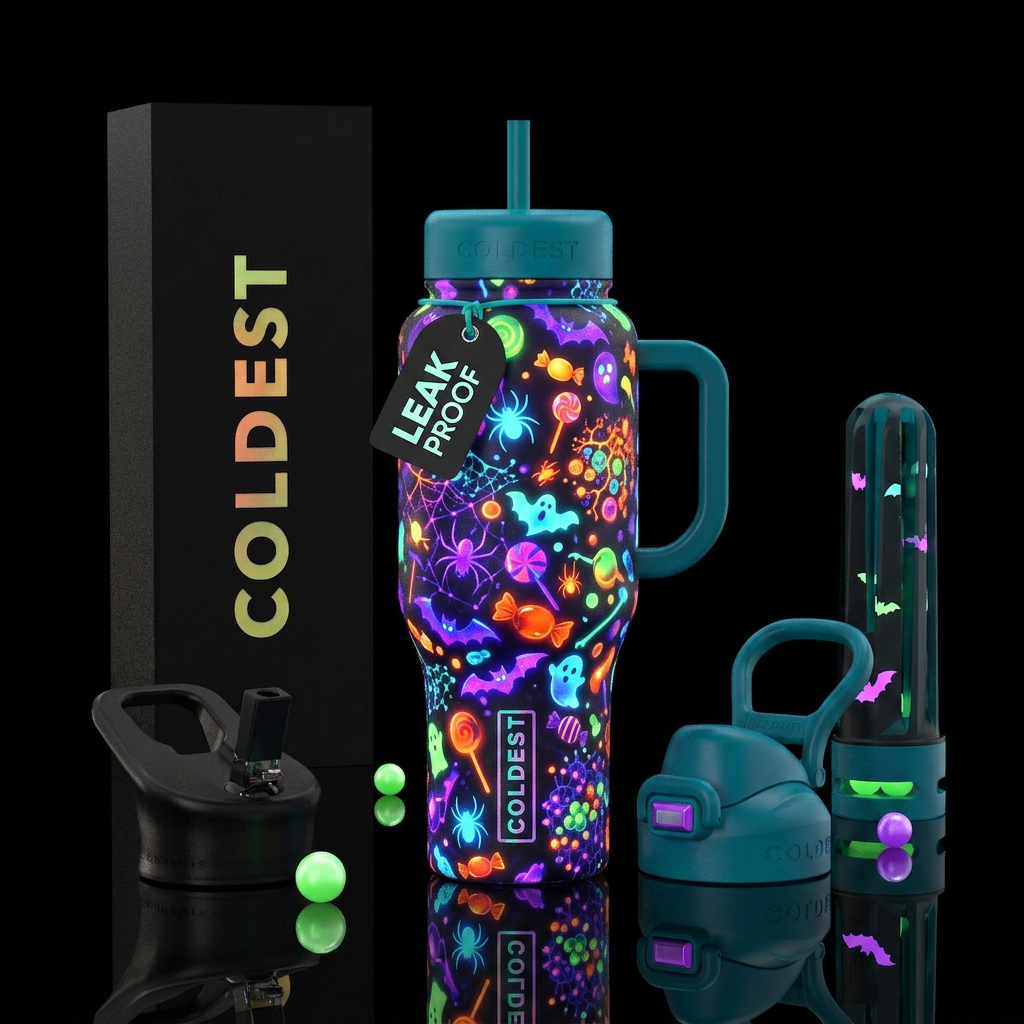 Spider, bat, ghost, candy, glow in dark water bottle design