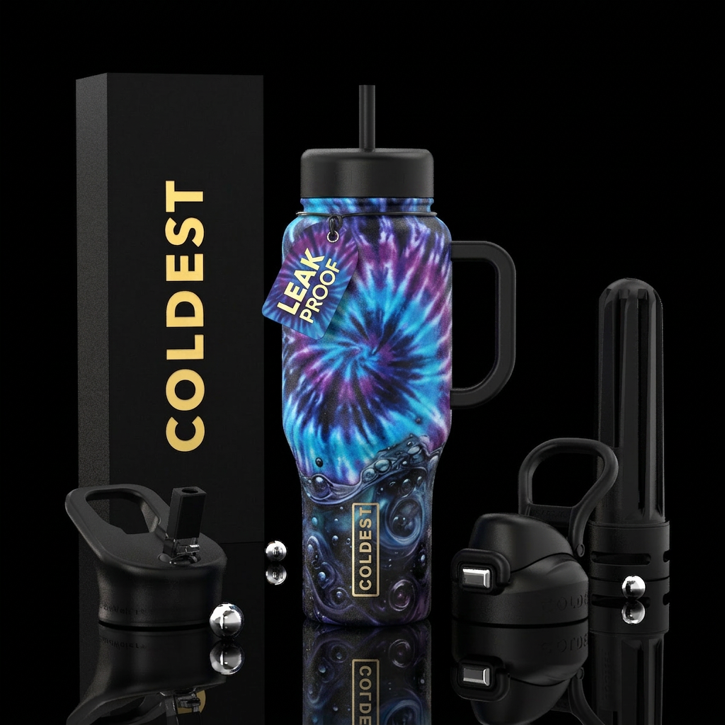 Tye dye and black potion water bottle design