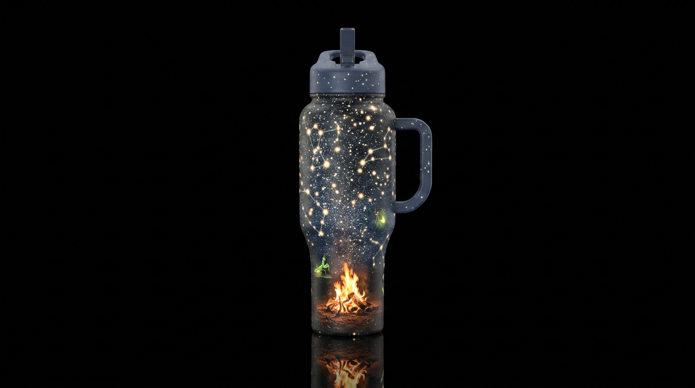 Campfire,stars,bugs,glow in dark water bottle design