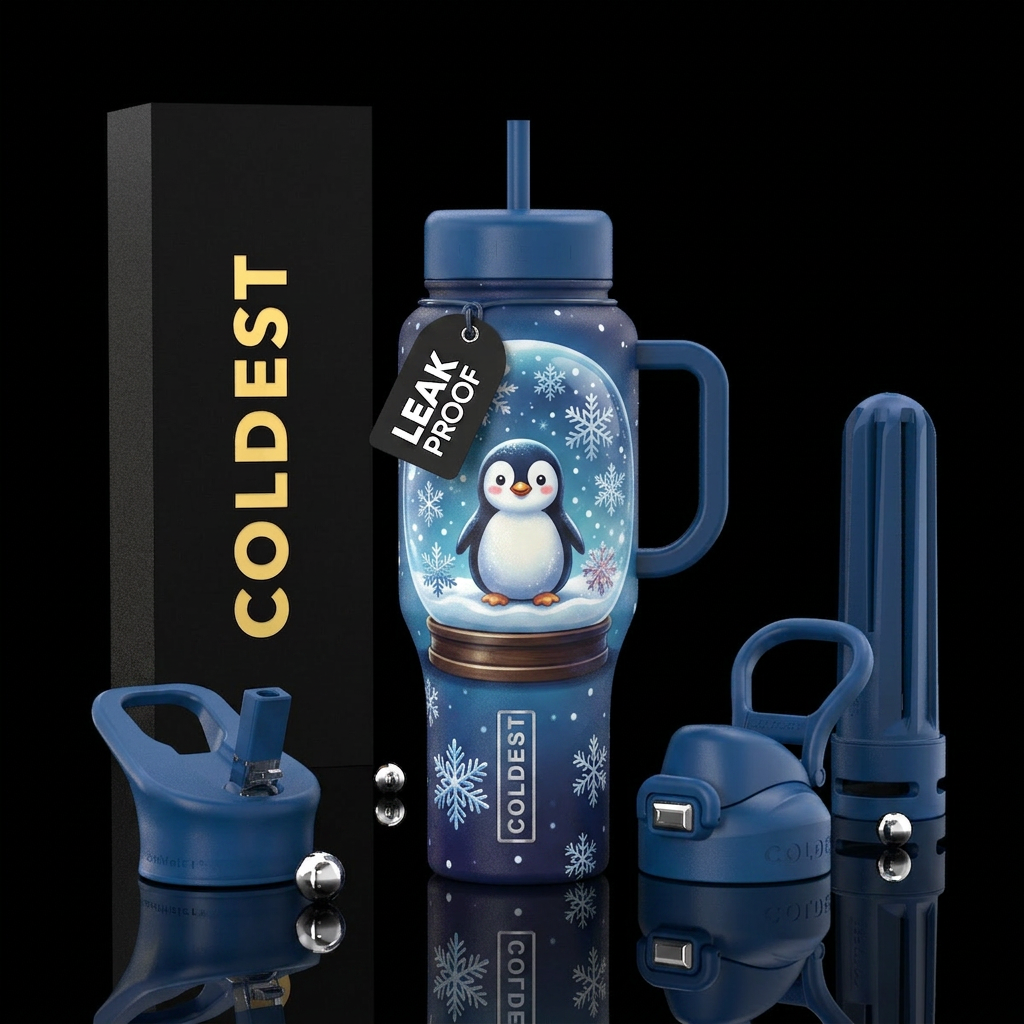 Snow globe , penguin , snow flakes failing around ... water bottle design
