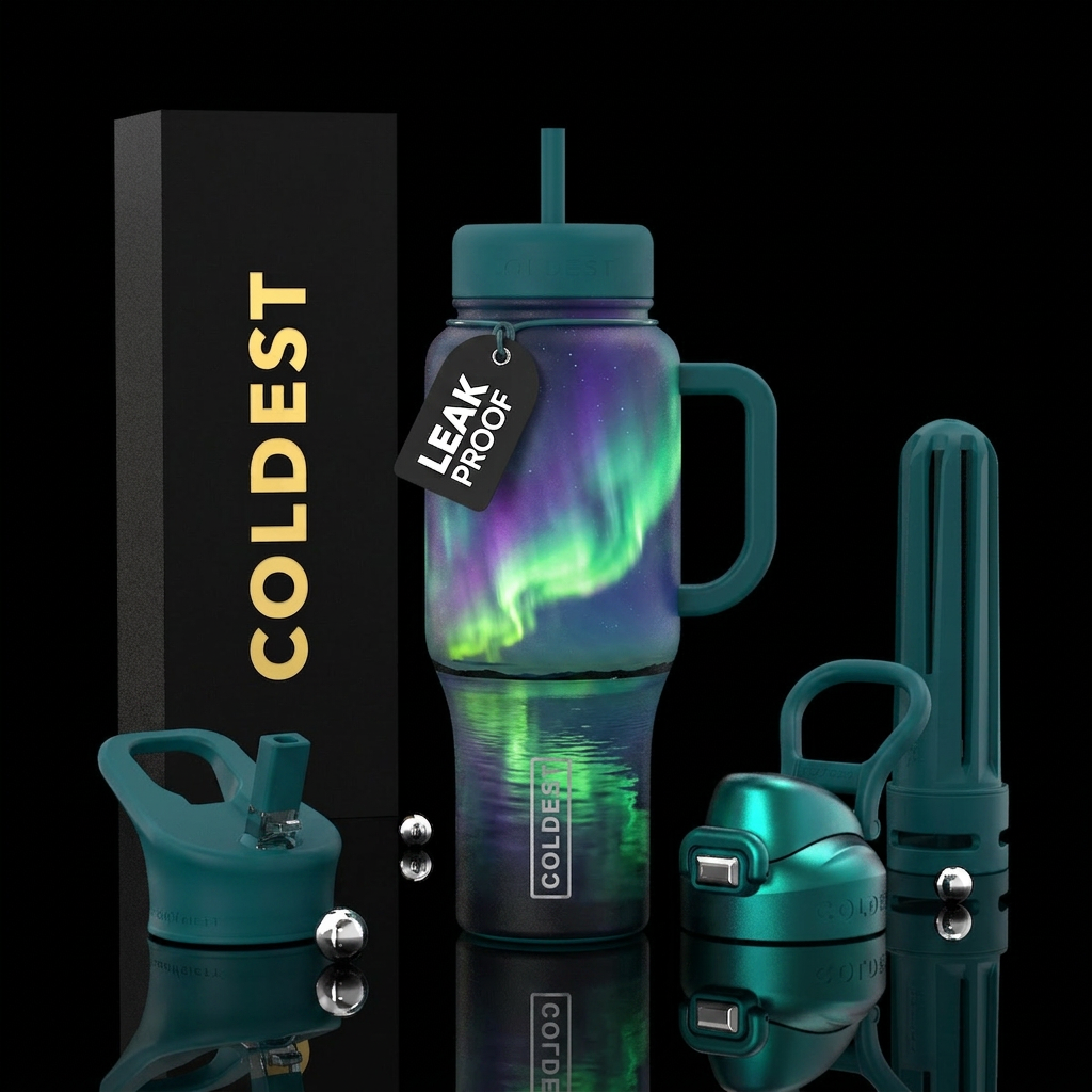 Northern lights, over water, glow in dark water bottle design