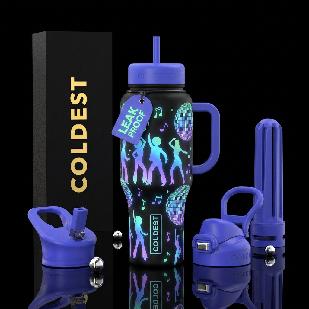 Disco ball, disco dancers, music notes, glow in da... water bottle design