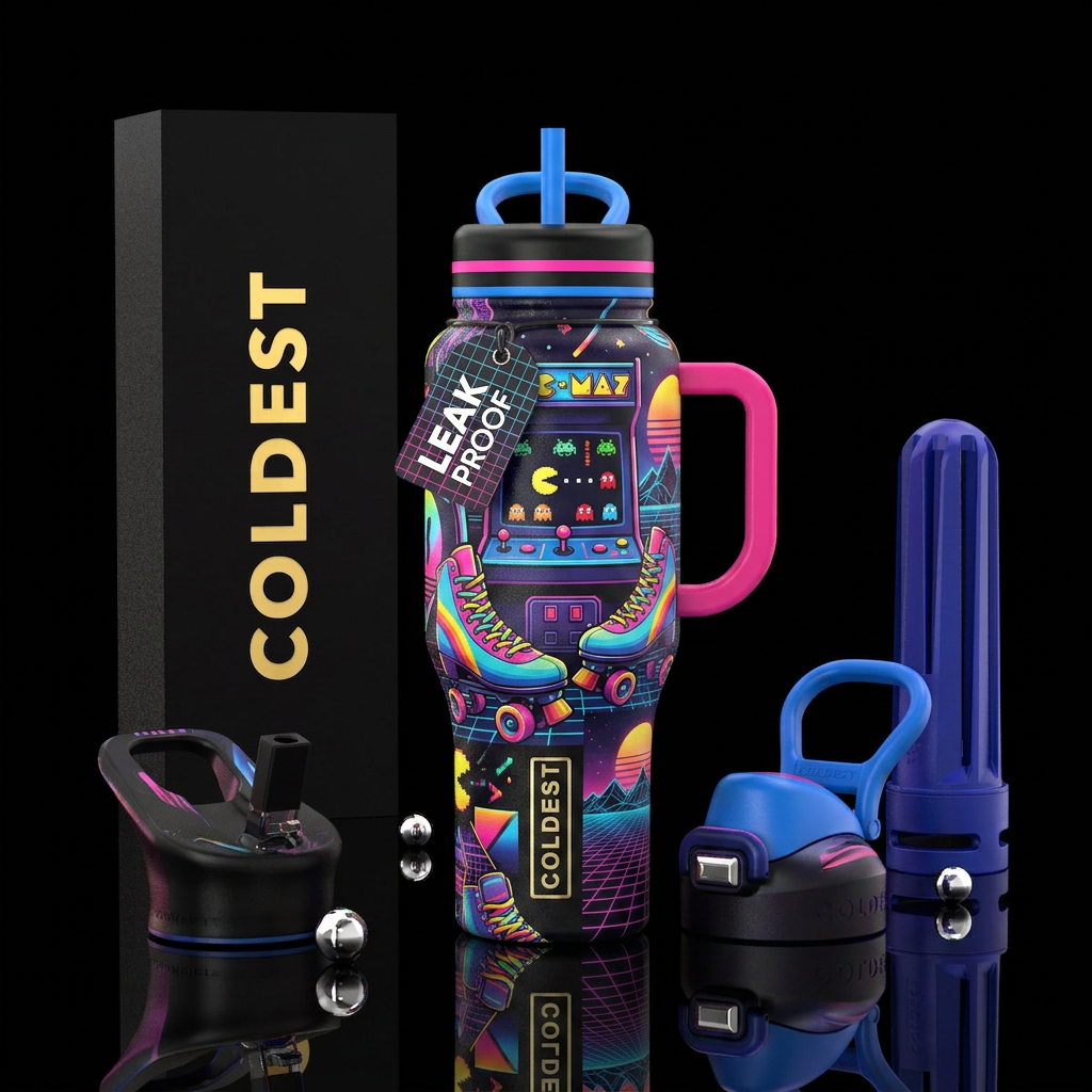 Aracde games, 80s, roller skating, retro water bottle design