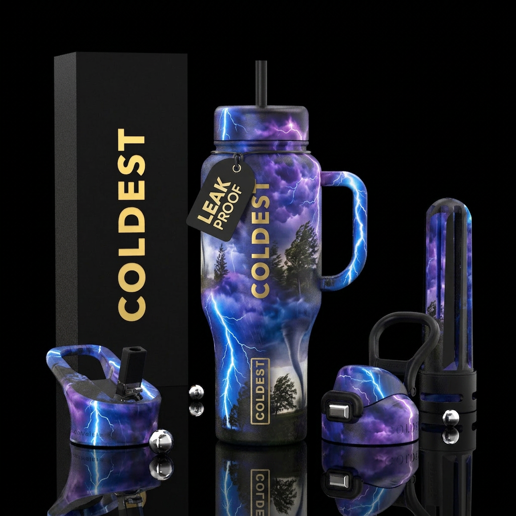 Fierce thunderstorms, lighting, trees blowing, tor... water bottle design