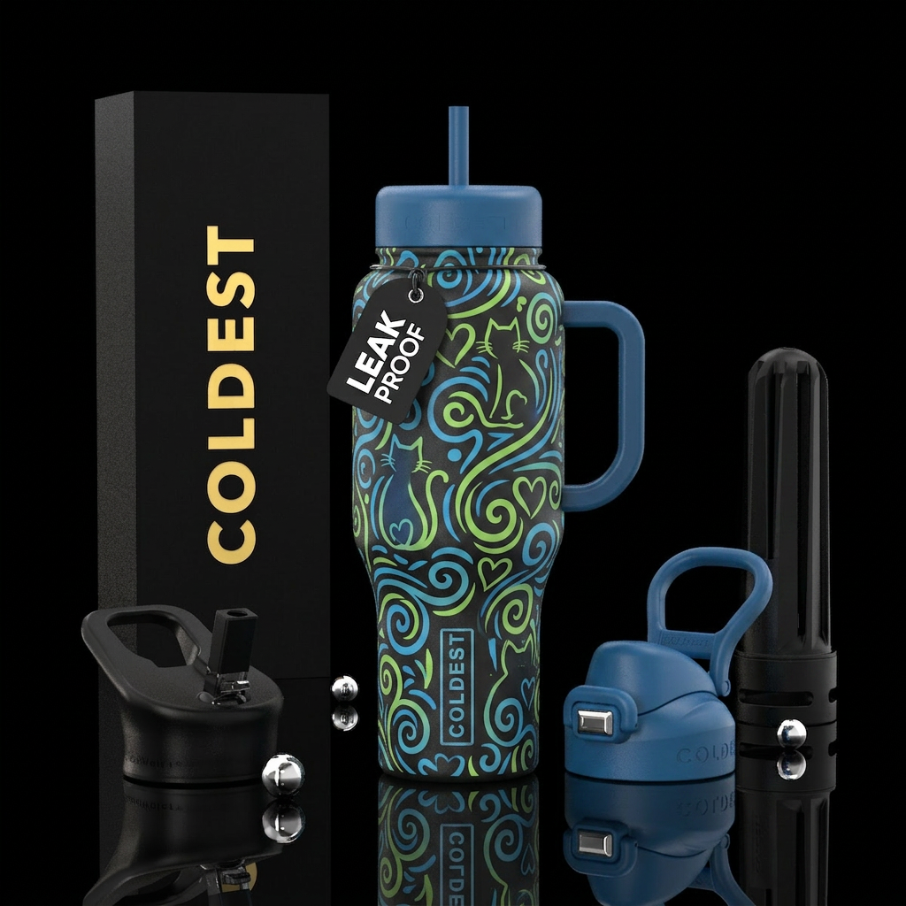 Blue and lime green swirls, cats and hearts water bottle design