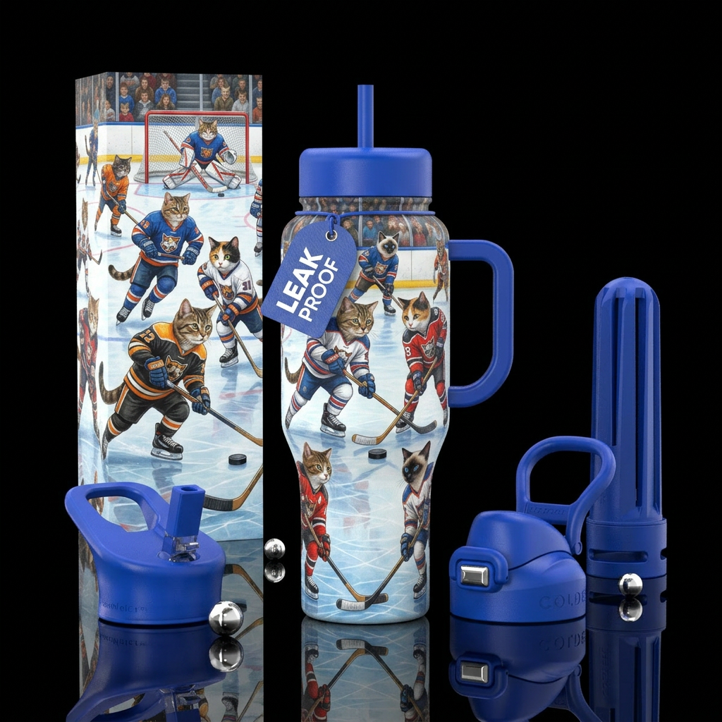 Cats playing hockey water bottle design