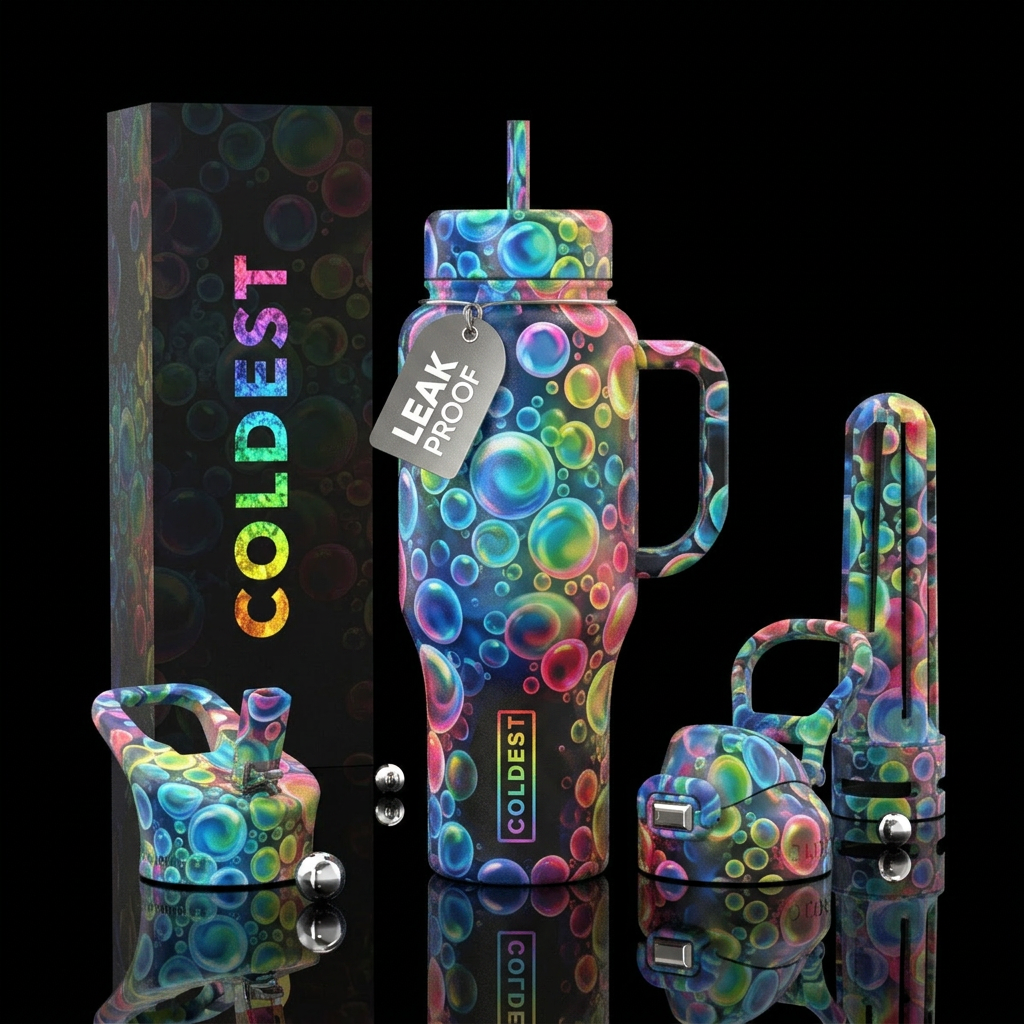 Multi colored bubbles, sizes of bubbles, colorful ... water bottle design