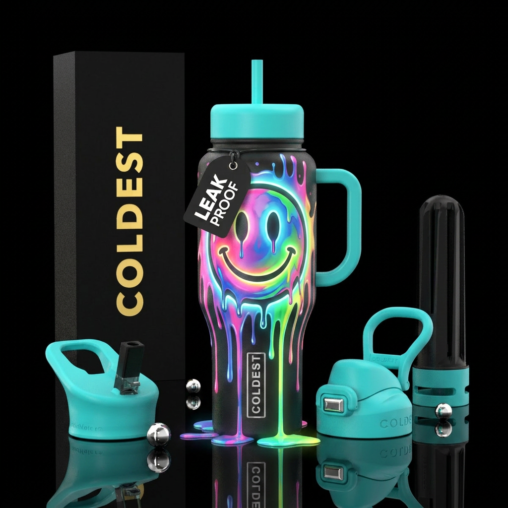 Smiley face colorful, dripping like paint, glow in... water bottle design