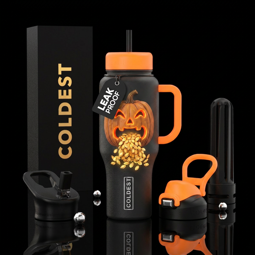 Carved pumkin puking it’s seeds out of it mouth, f... water bottle design