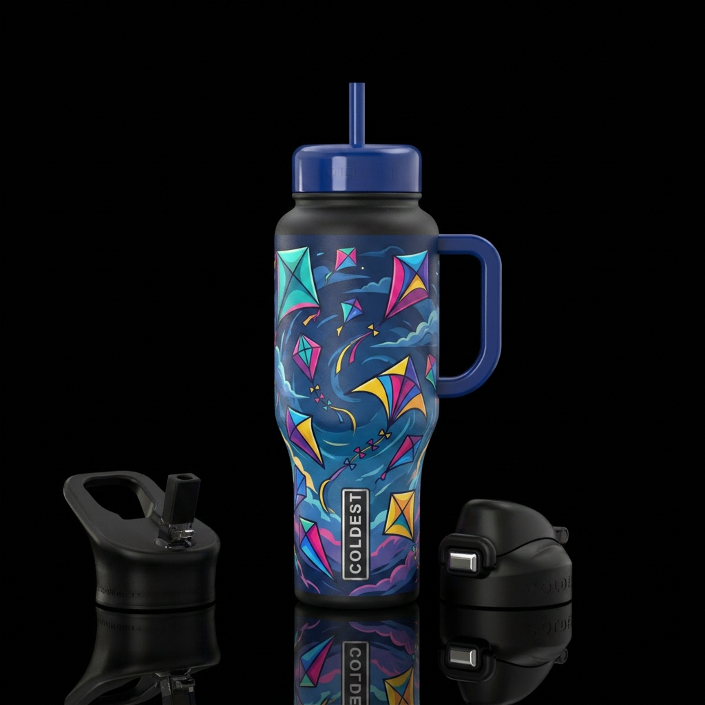Different sizes, shapes, vivid colors of kits in t... water bottle design