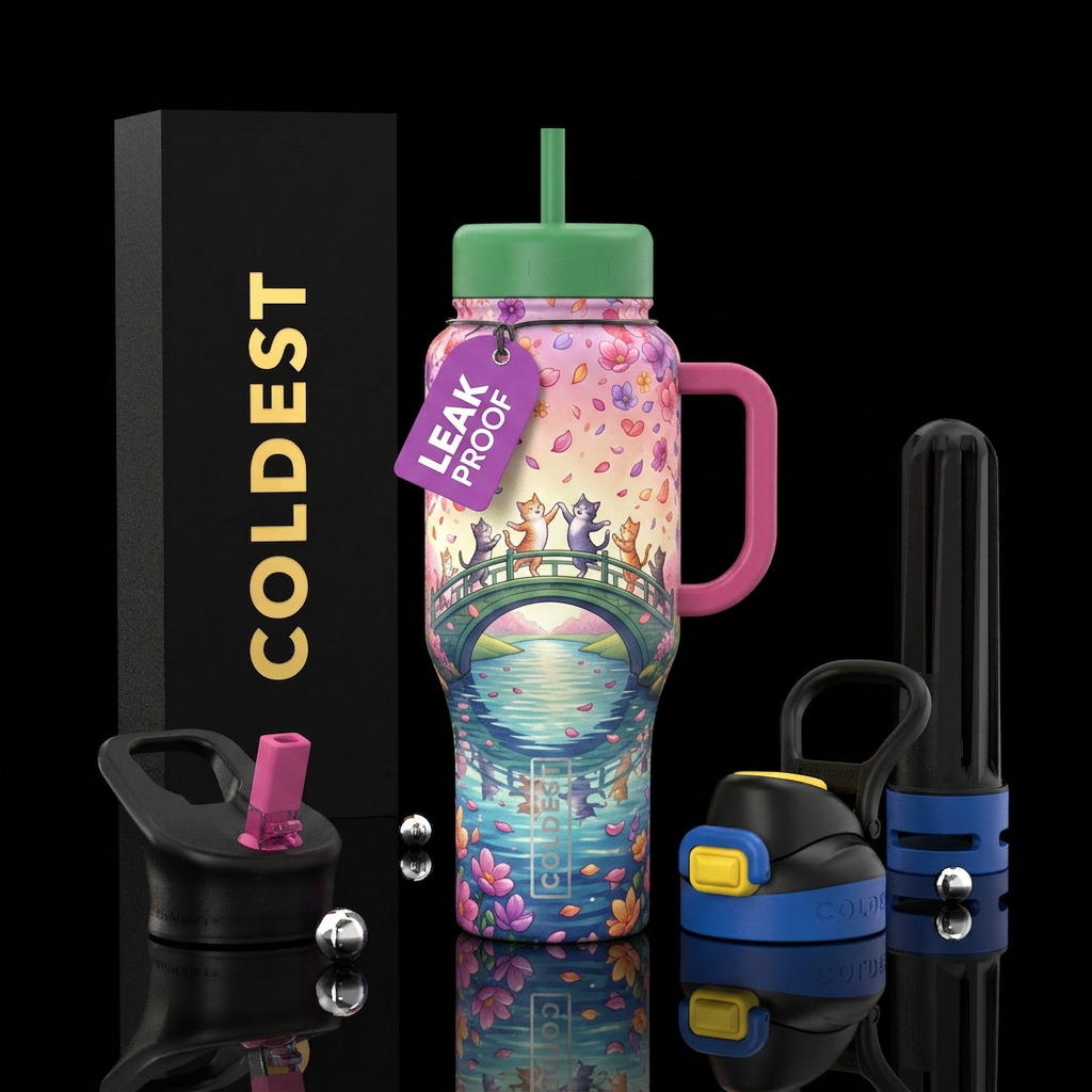 Cats dancing on a bridge, flower petals falling fr... water bottle design