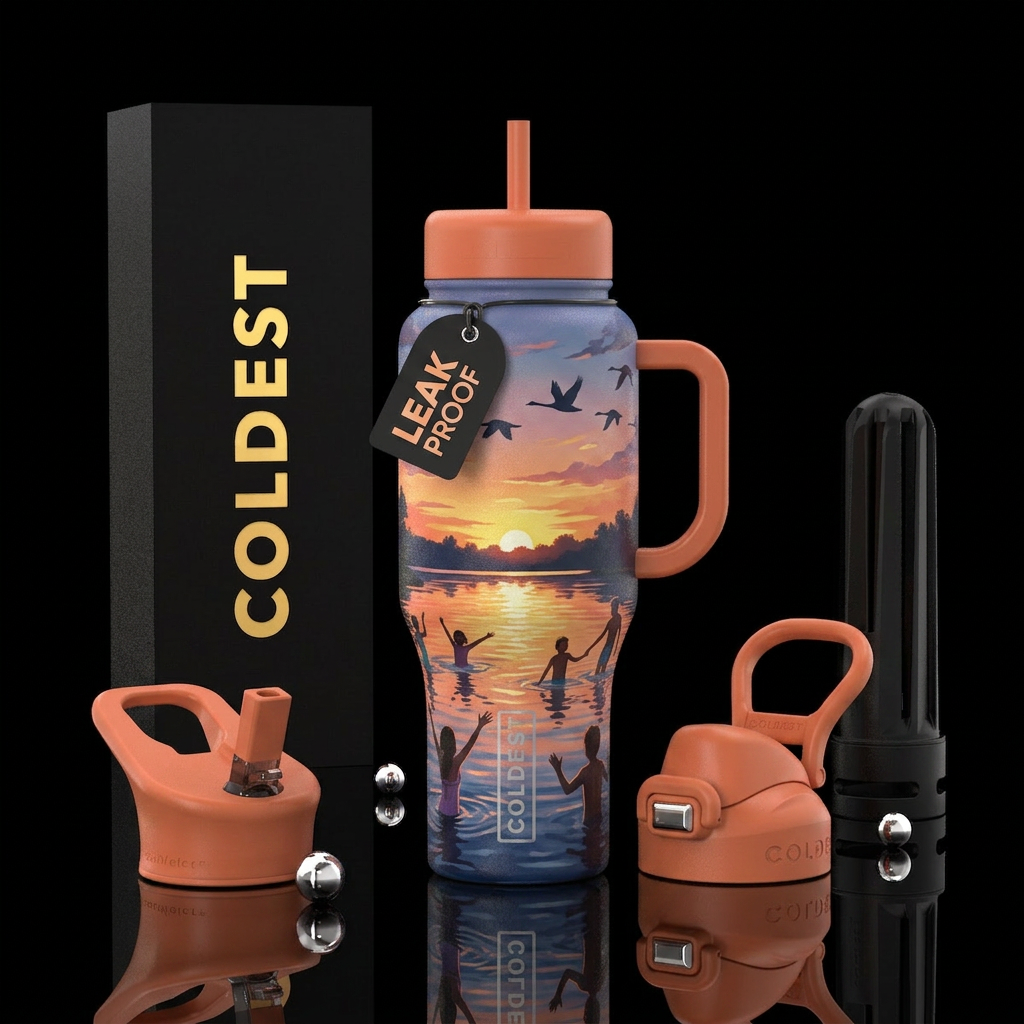 Sunset on a lake, people playing in water, swans f... water bottle design