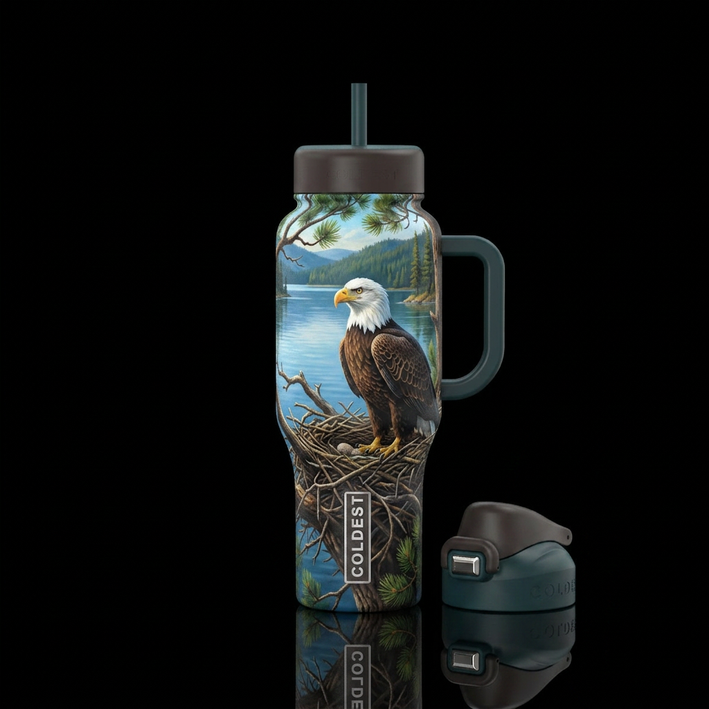 Bald eagle sitting on a nest, in a tree, overlooki... water bottle design