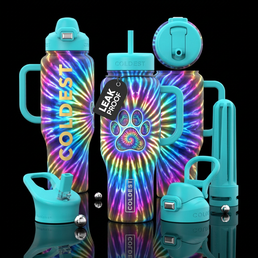 Tye dye coming out of a paw print from middle of b... water bottle design