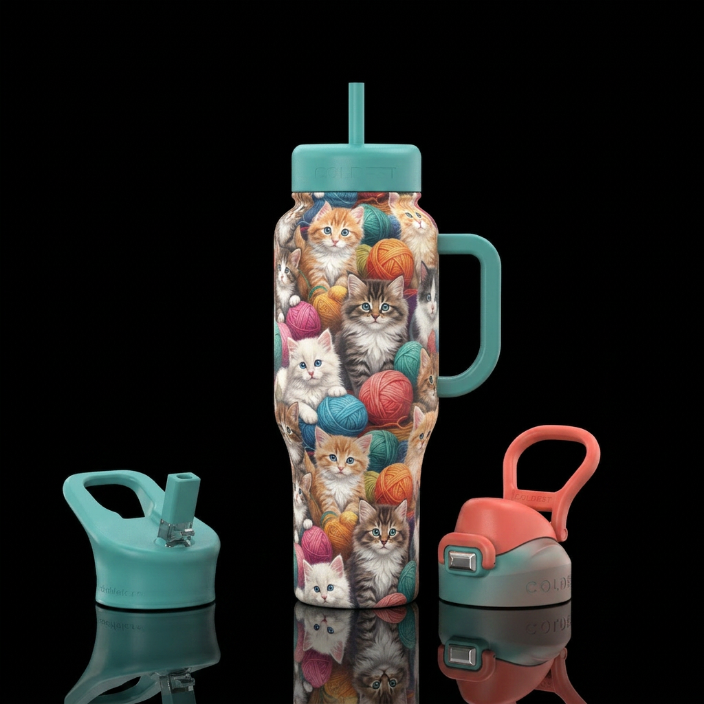 Kittens playing with yarn balls, different sizes, ... water bottle design