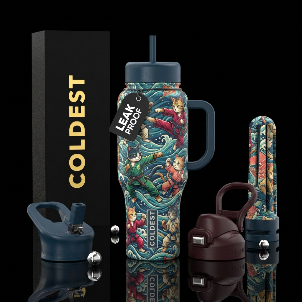 Karate fighting cats, colorful, on the water water bottle design