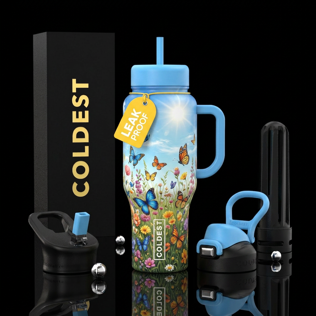 Colorful butterflies, in a meadow of colorful flow... water bottle design