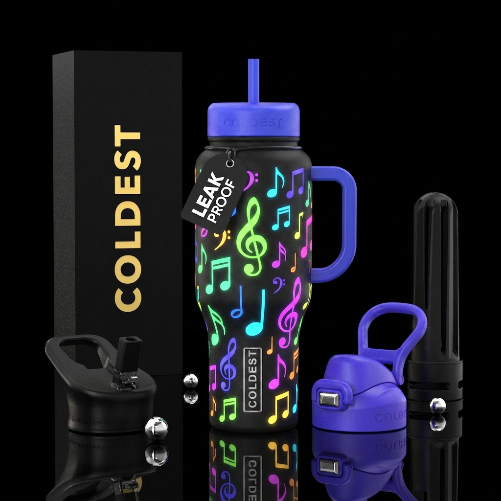 Musical notes, all sizes, bright vivid colors, glo... water bottle design
