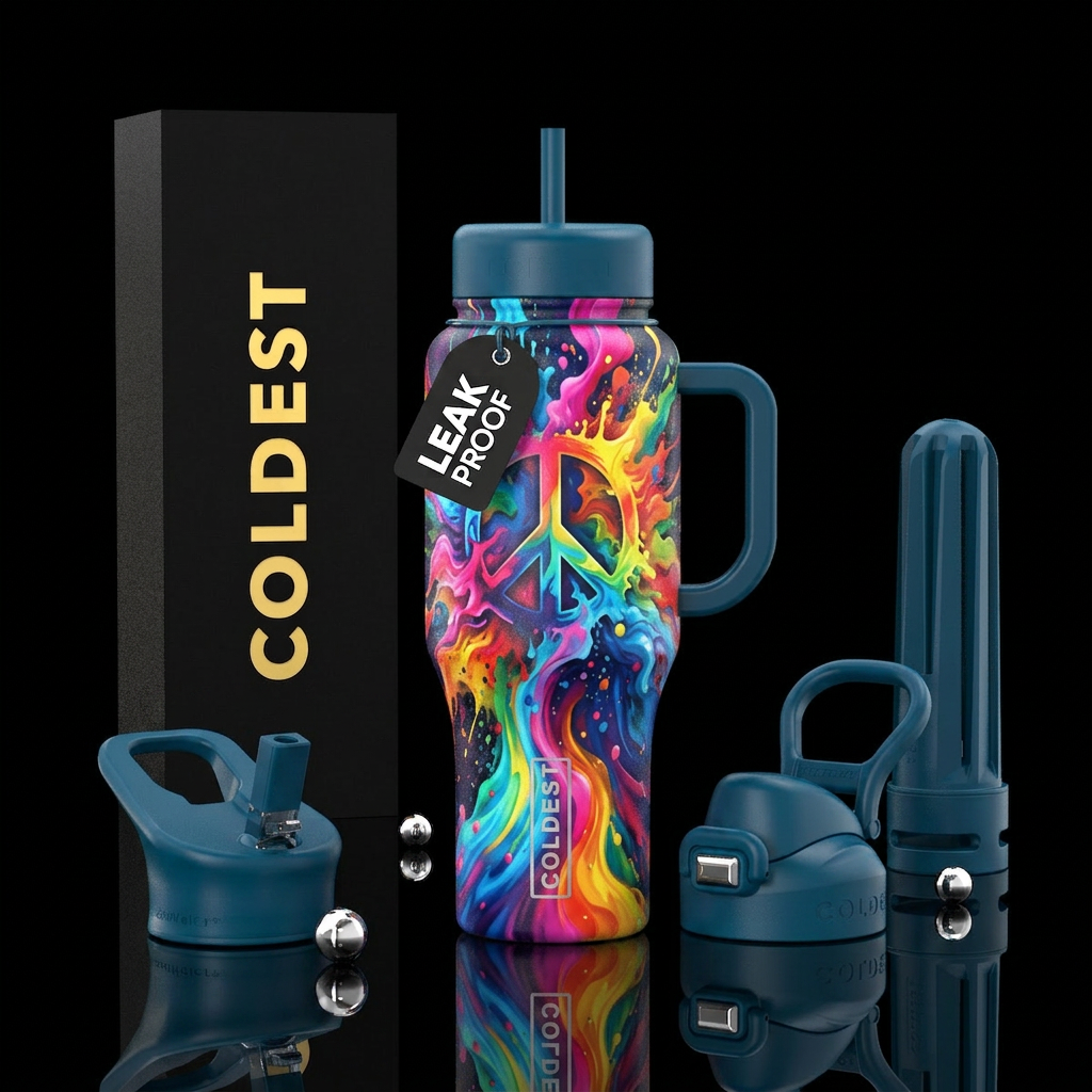 Color explosion from a peace sign water bottle design