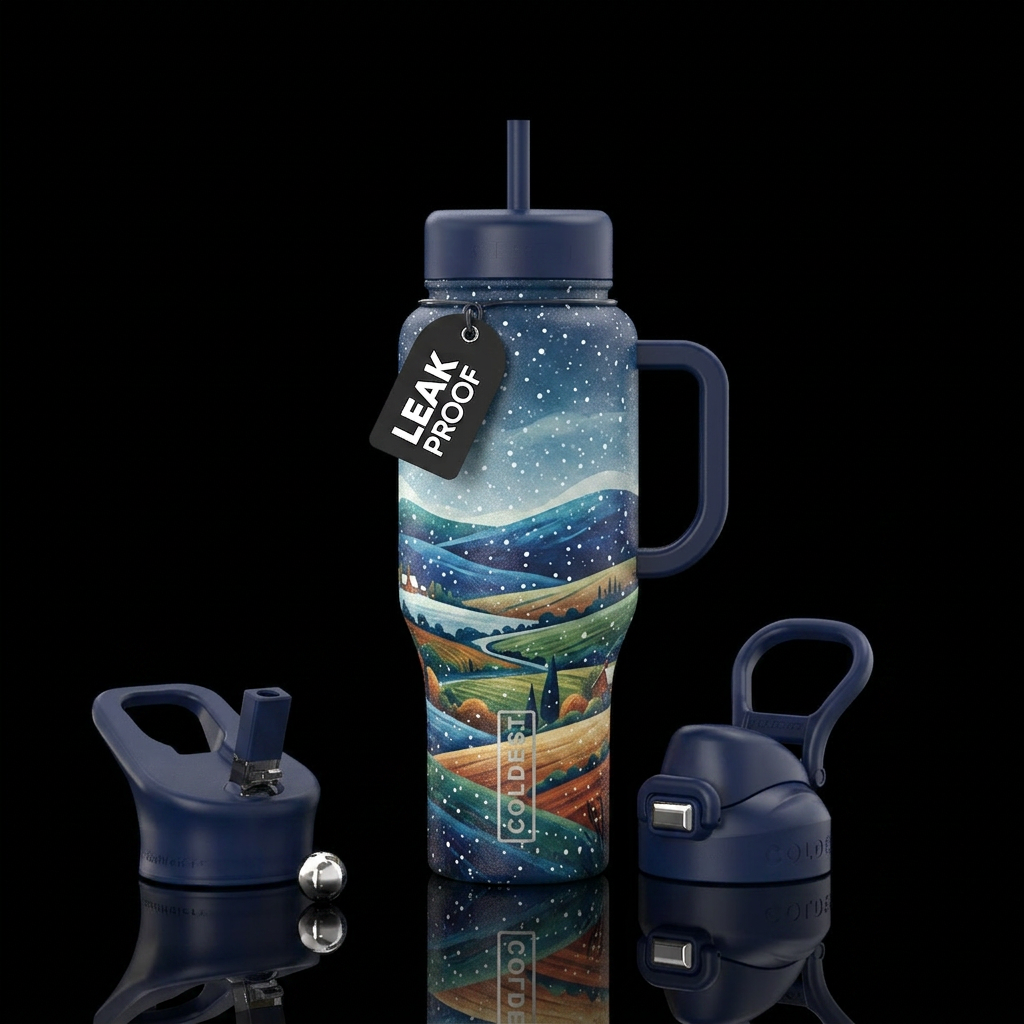 Snow falling over hill in a country water bottle design