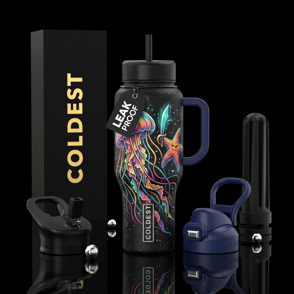 Jelly fish and a star fish sword fighting water bottle design