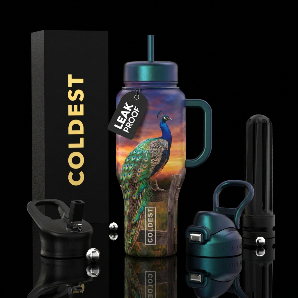Colorful peacock, on a fence with a sunset behind ... water bottle design