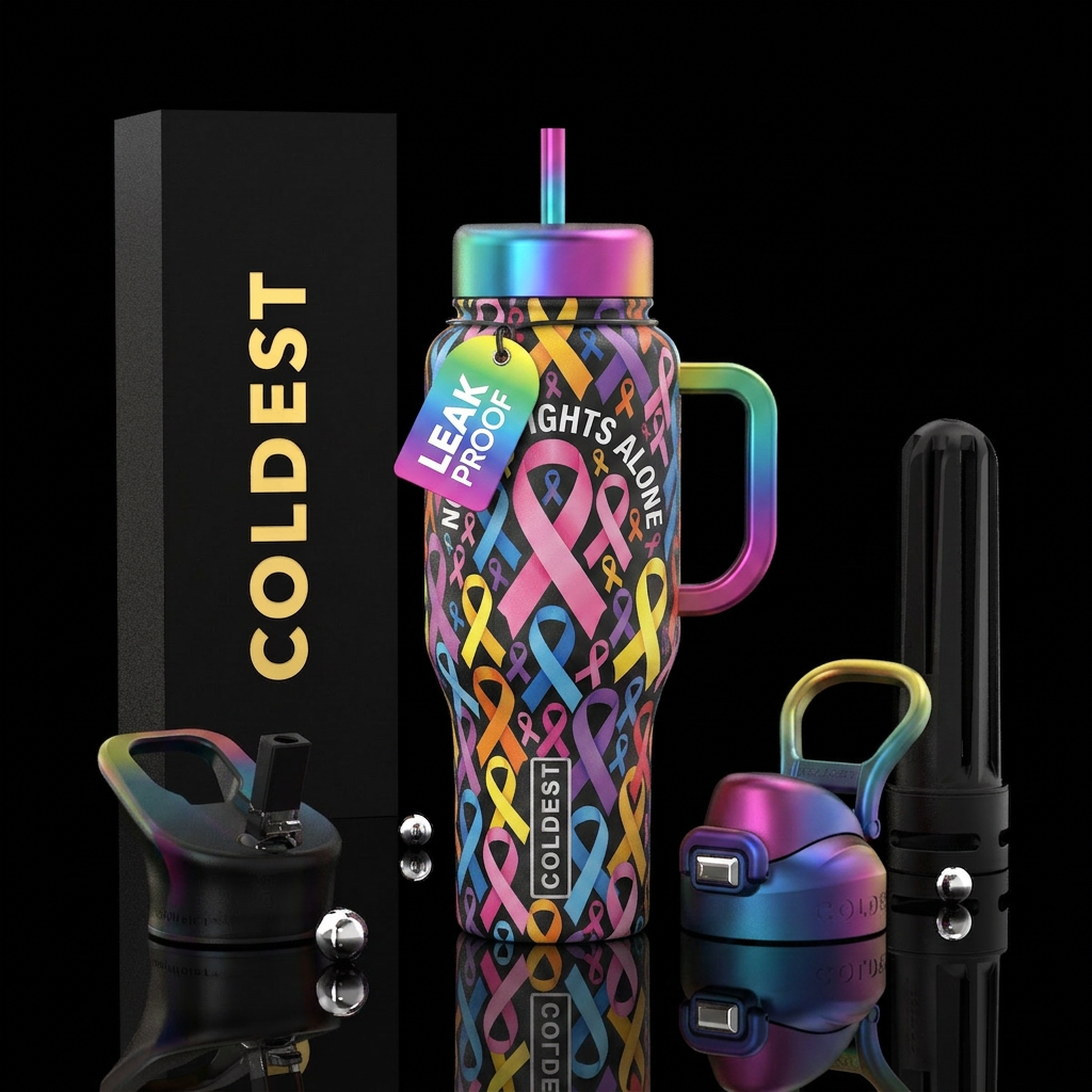 No one fights alone, all color ribbons water bottle design