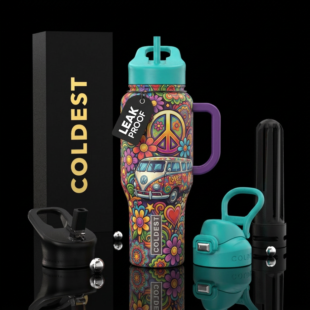 Hippie flower, hippie peace sign, love bug car, co... water bottle design