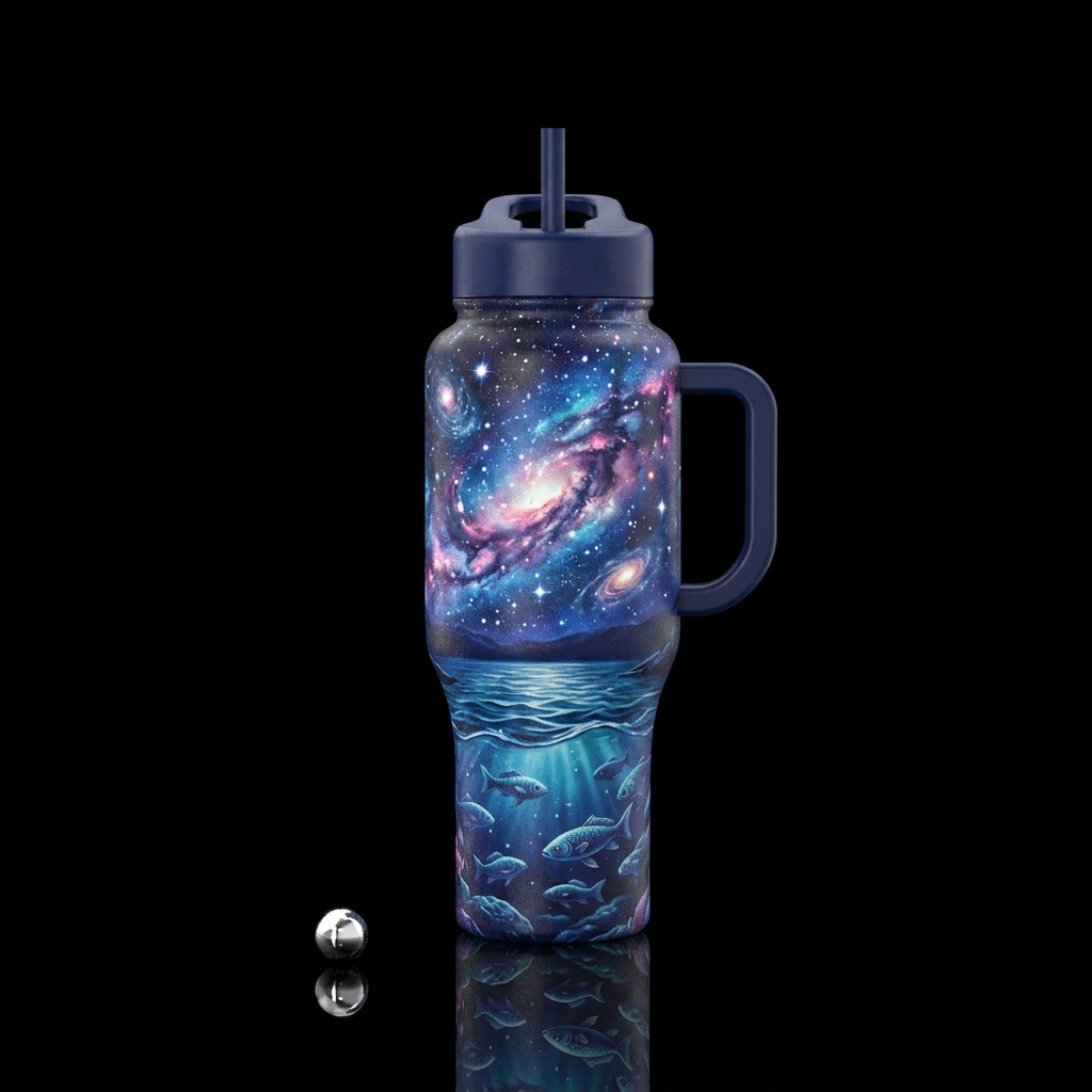 Cosmic stardust, over a lake with fish swimming in... water bottle design