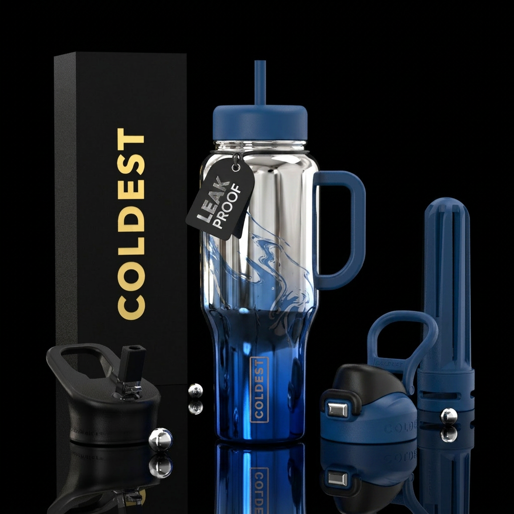 Blue ombré,, abstract, chrome water bottle design