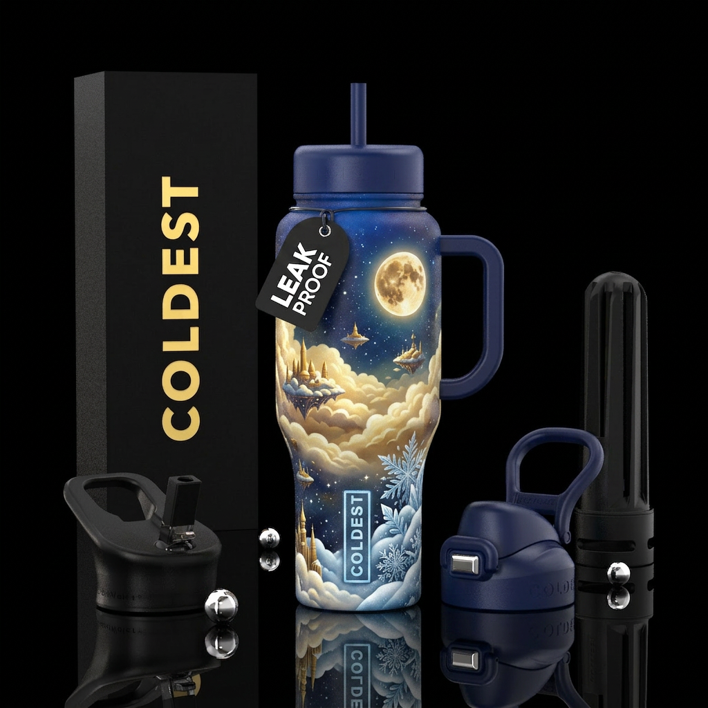 starry night, cloud city, harvest moon, winter won... water bottle design