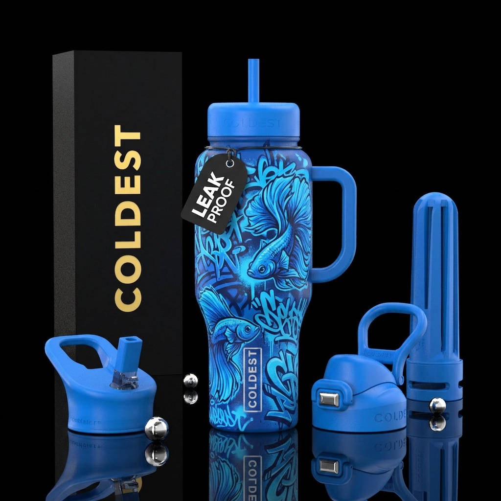 betta fish, hand drawn, electric blue, electric bl... water bottle design
