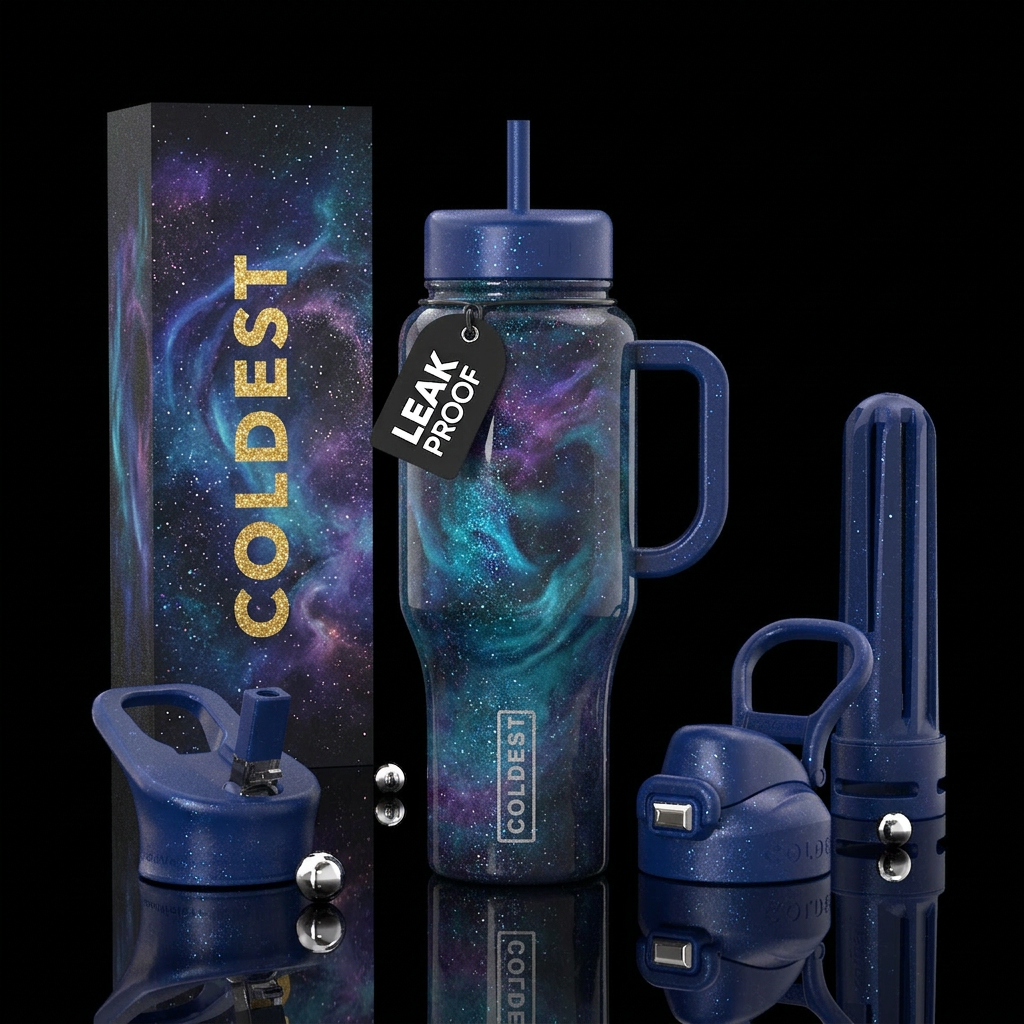 Mystical swirling colors, with glitter water bottle design