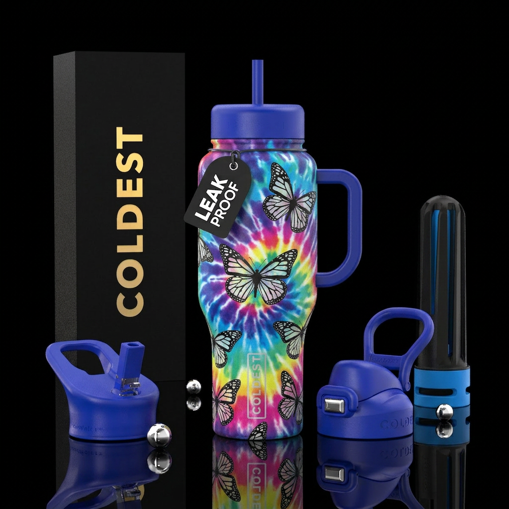 Black and White butterfly’s  on a tye dye back gro... water bottle design