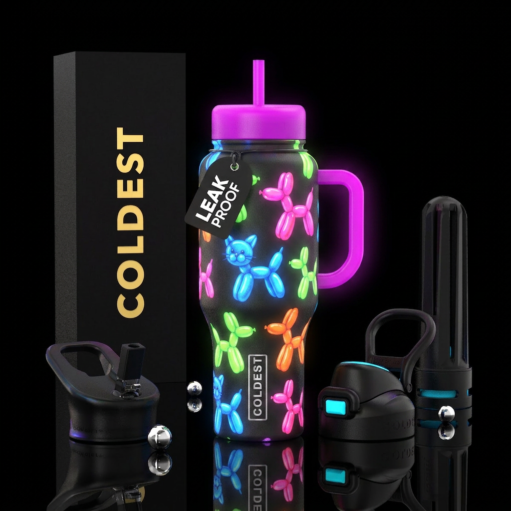 Ballon cats and dogs, colorful, glow in dark water bottle design