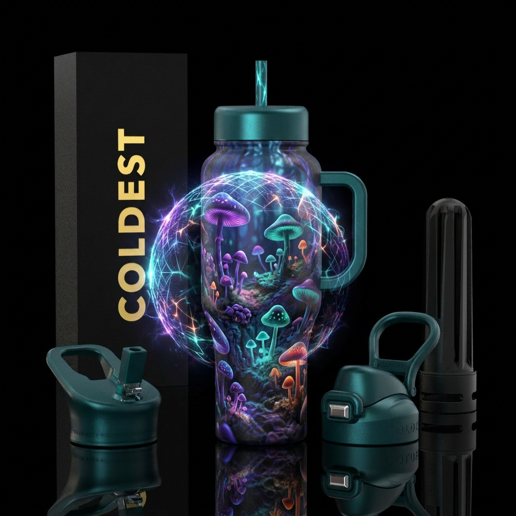 moody, force field, mushroom forest water bottle design