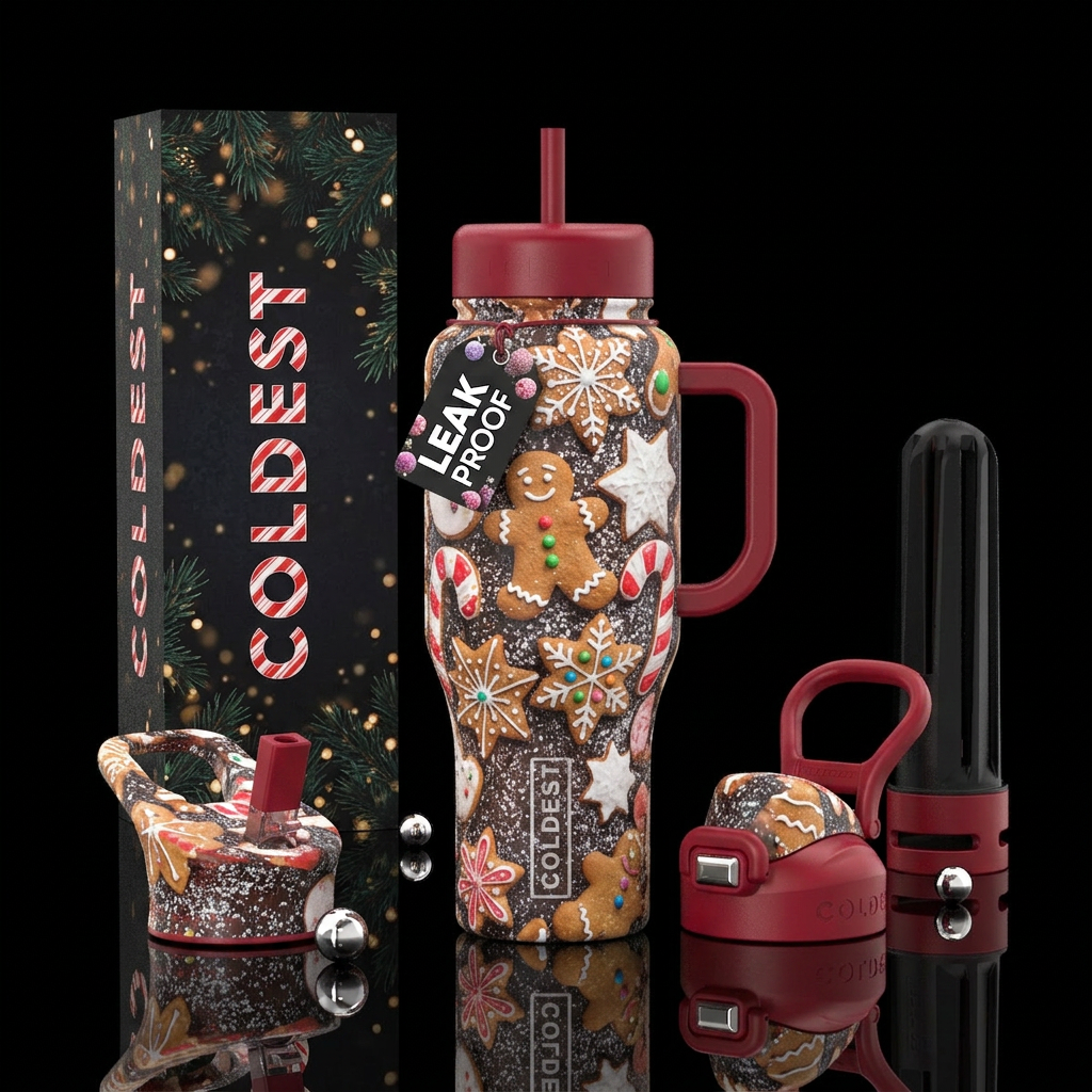Christmas cookies, with snow falling all over water bottle design