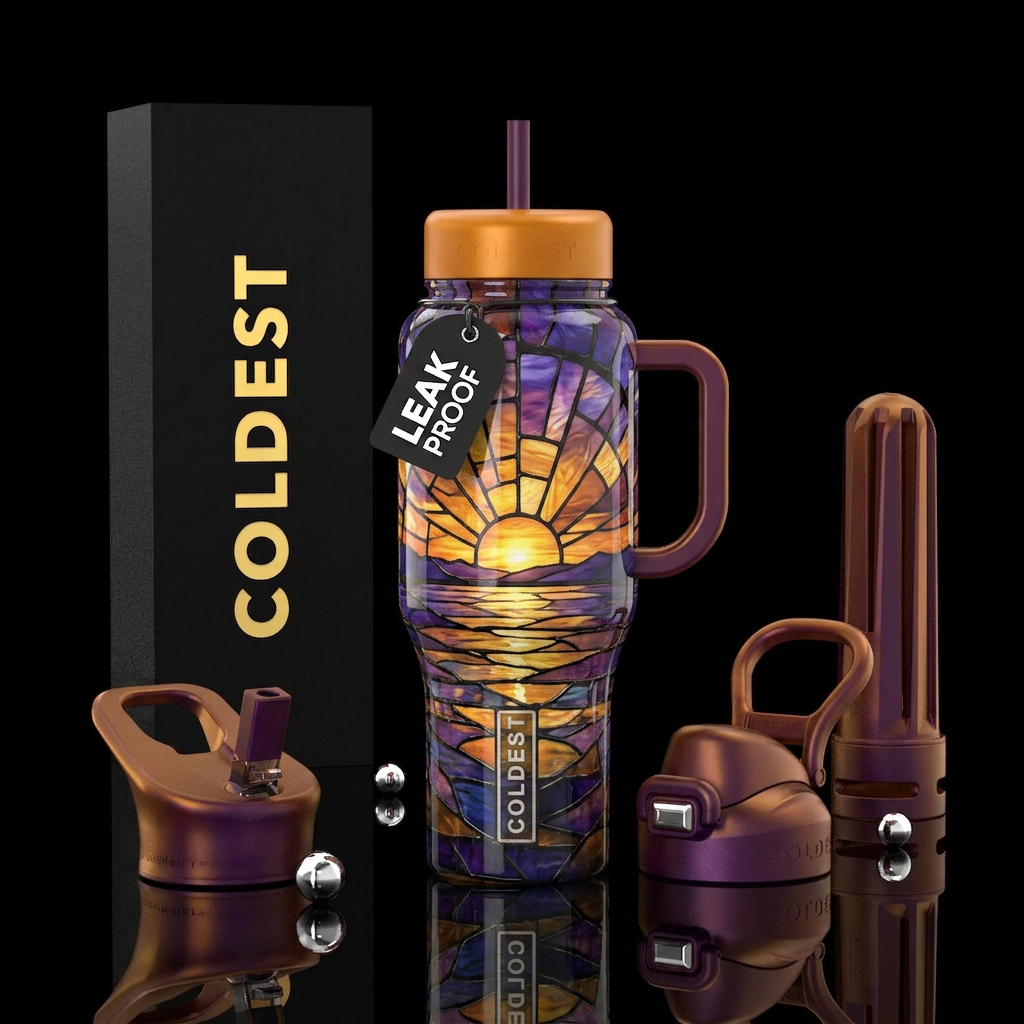 Colorful stained glass of a sunset water bottle design