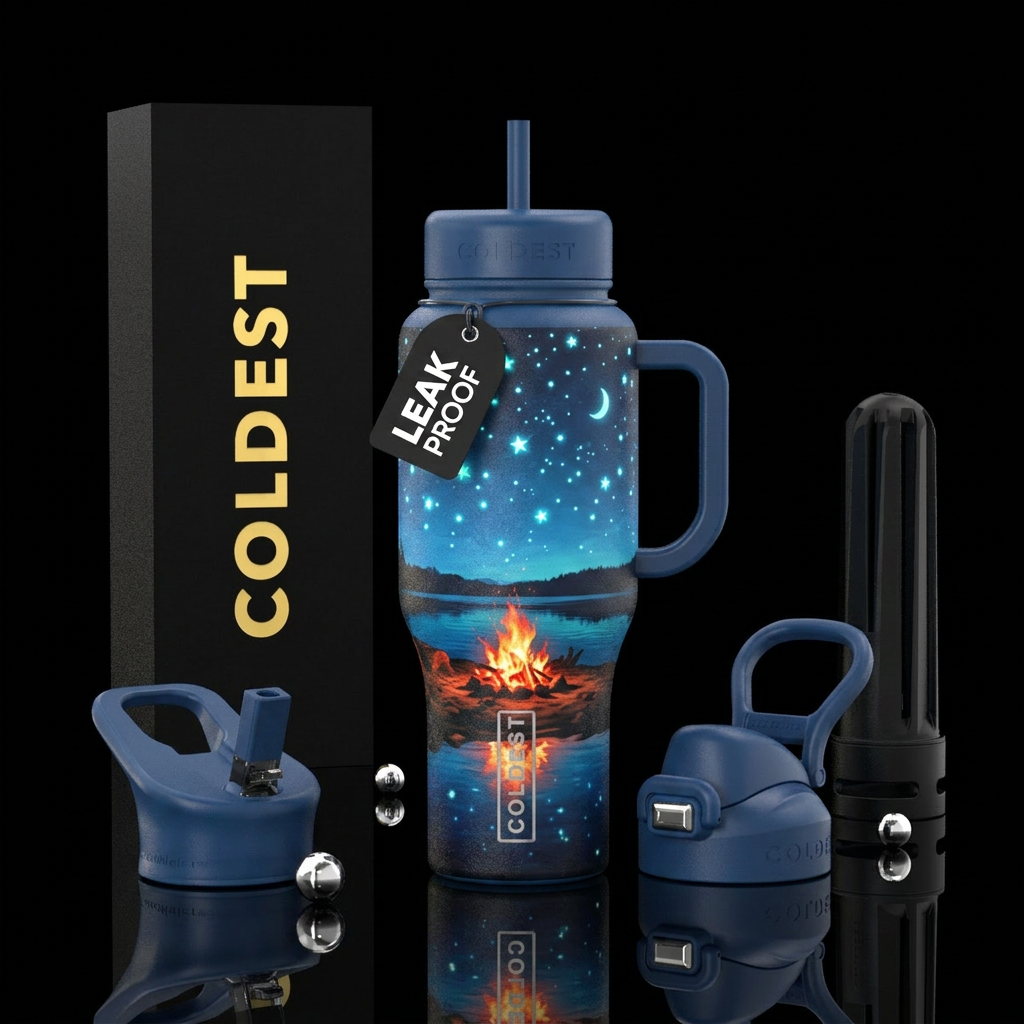 Campfire reflecting over a lake, stars in the sky ... water bottle design