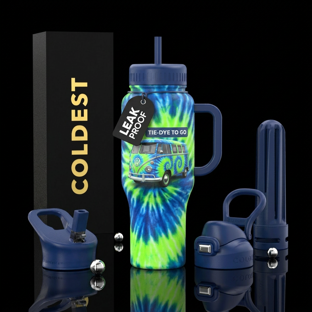 Blue and neon green Tye dye, with a v w bug buss o... water bottle design