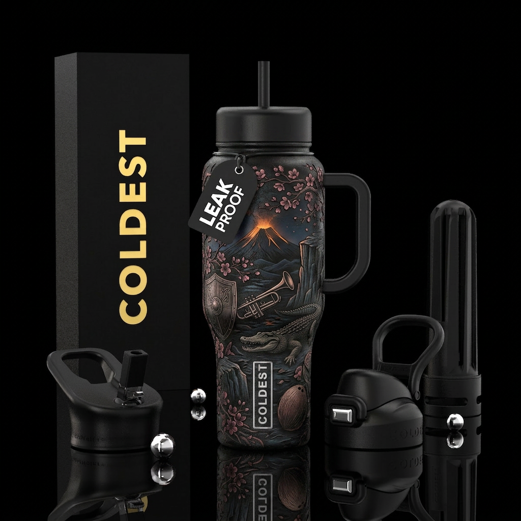 dark, cherry blossom season, volcano, orange, trum... water bottle design