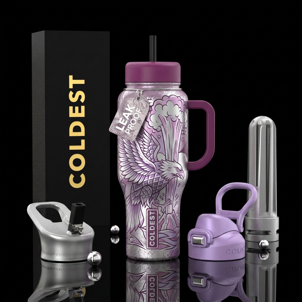 eagle, tattoo style, geyser, silver, lavender, sil... water bottle design