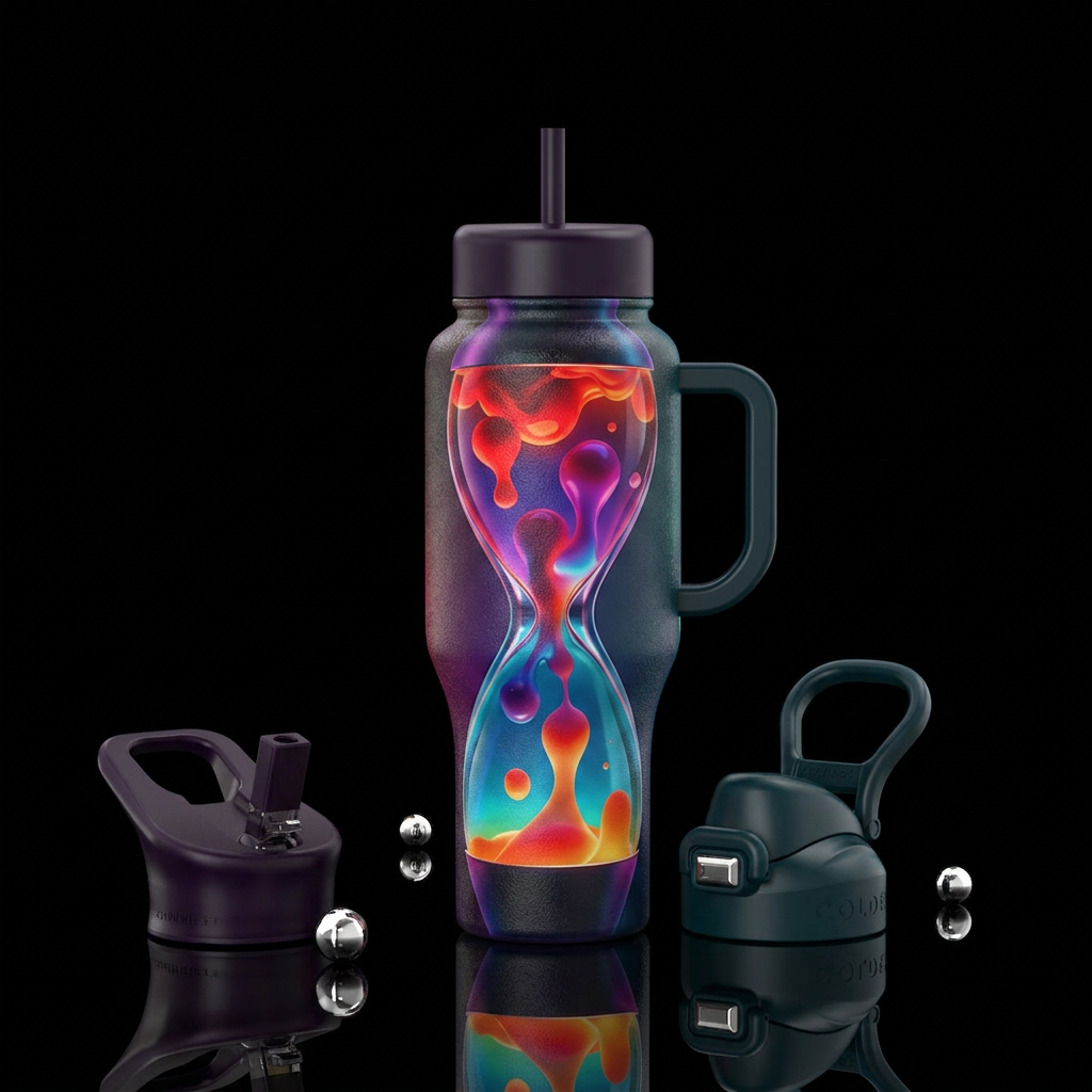 Lava lamp inside a hour glass with flowing colors water bottle design