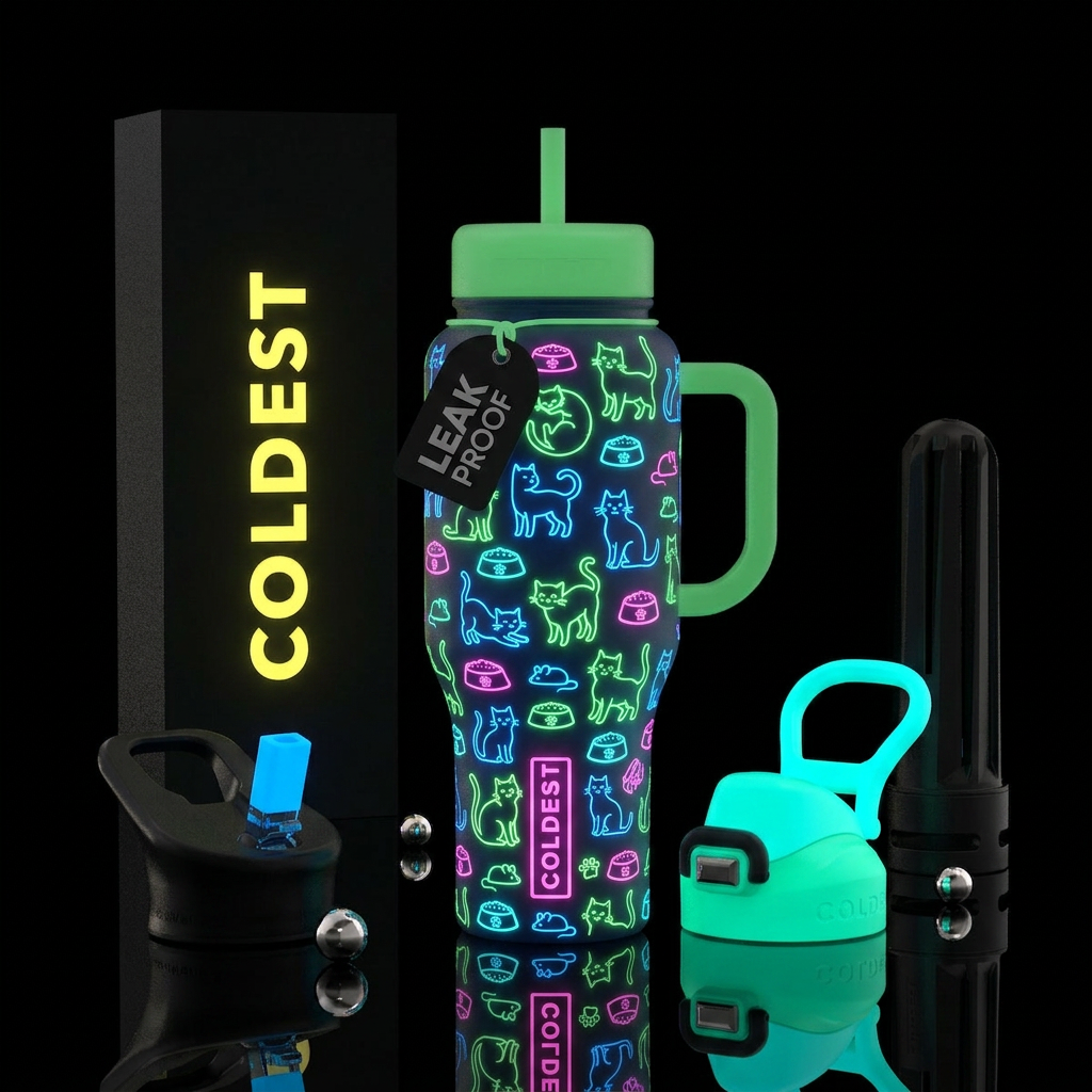 Neon cats, neon pet bowl, neon toy mouse,all over ... water bottle design