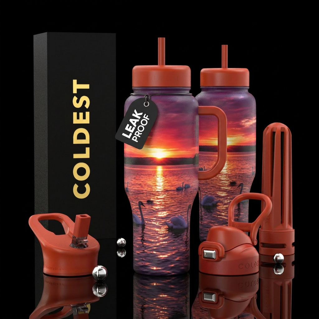 Colorful sunset on water, swans swimming, please s... water bottle design