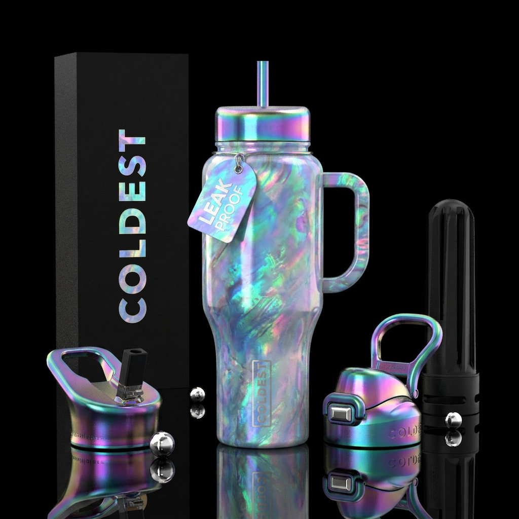 Iridescent, opal water bottle design