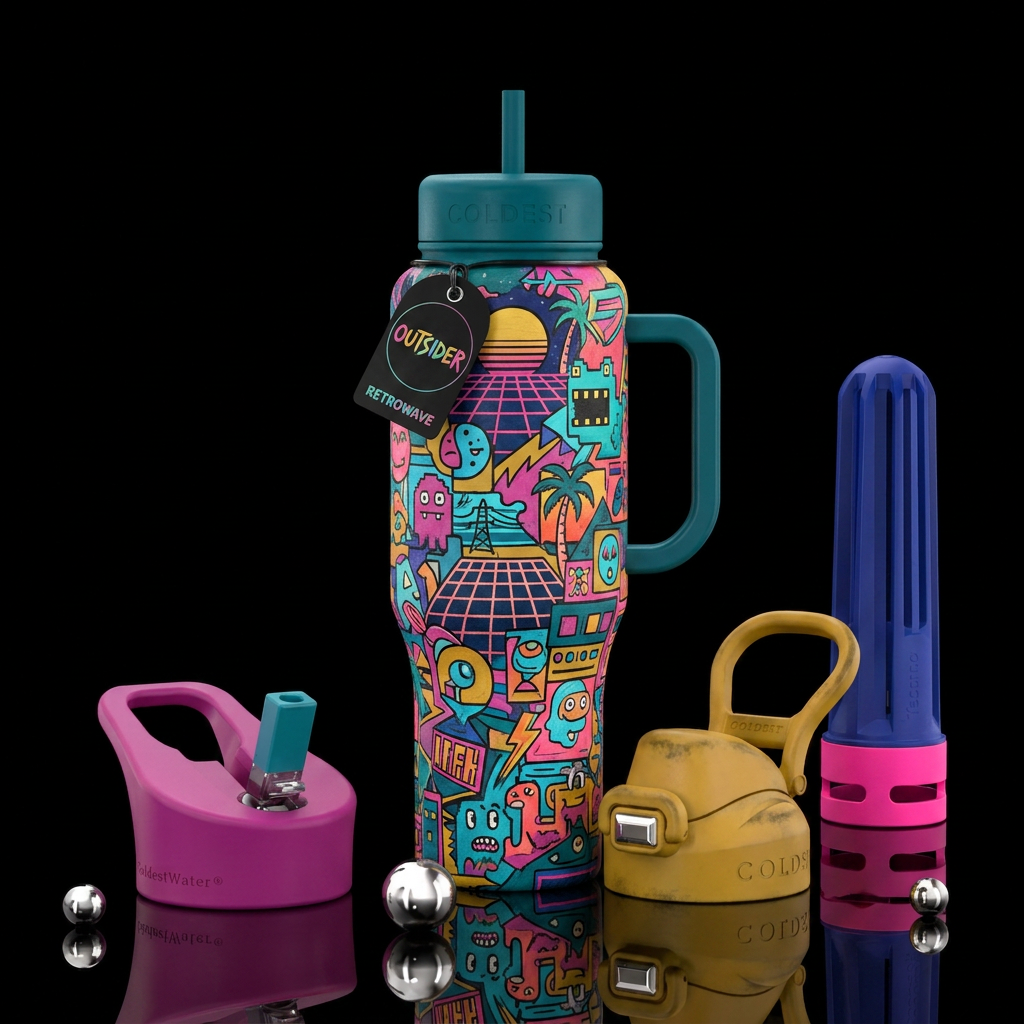 retrowave, retro 80s, outsider art water bottle design
