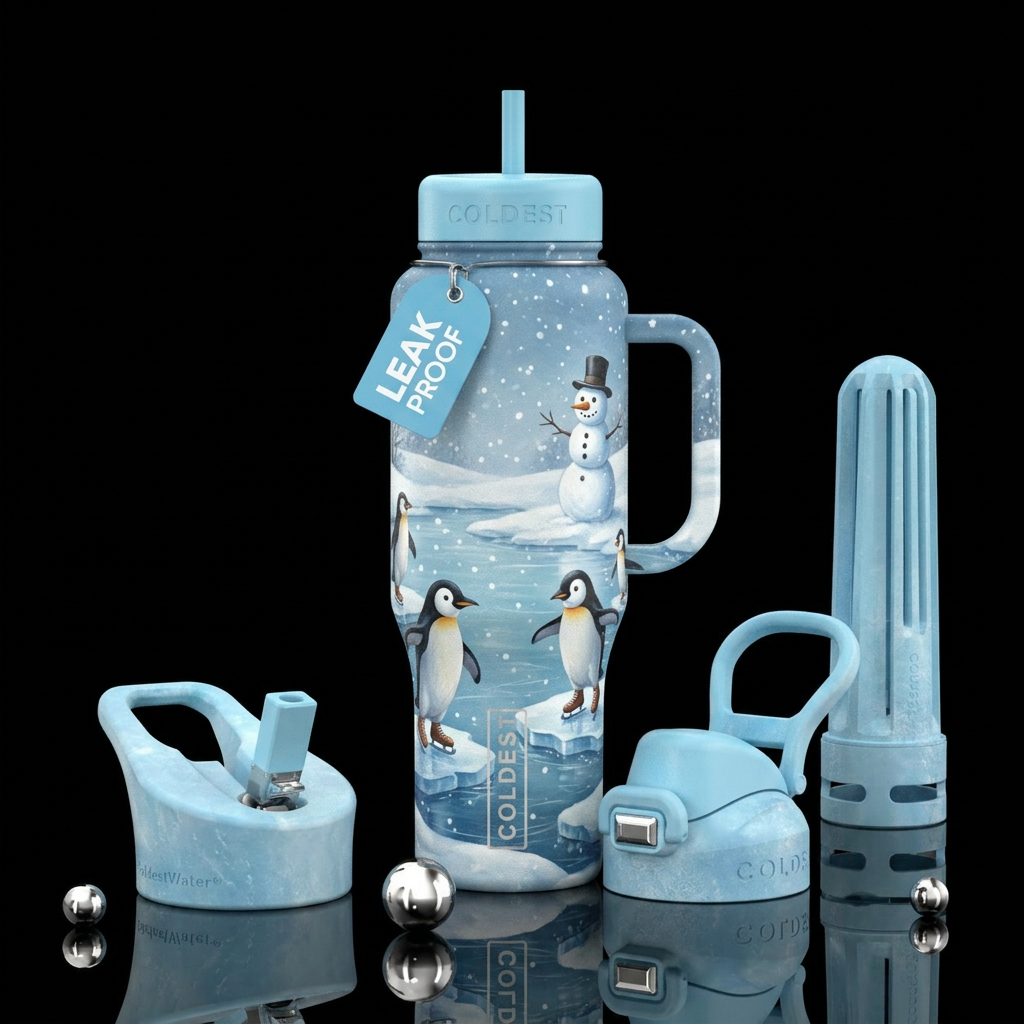 Penguins wearing skates, on a frozen pond. Snow so... water bottle design