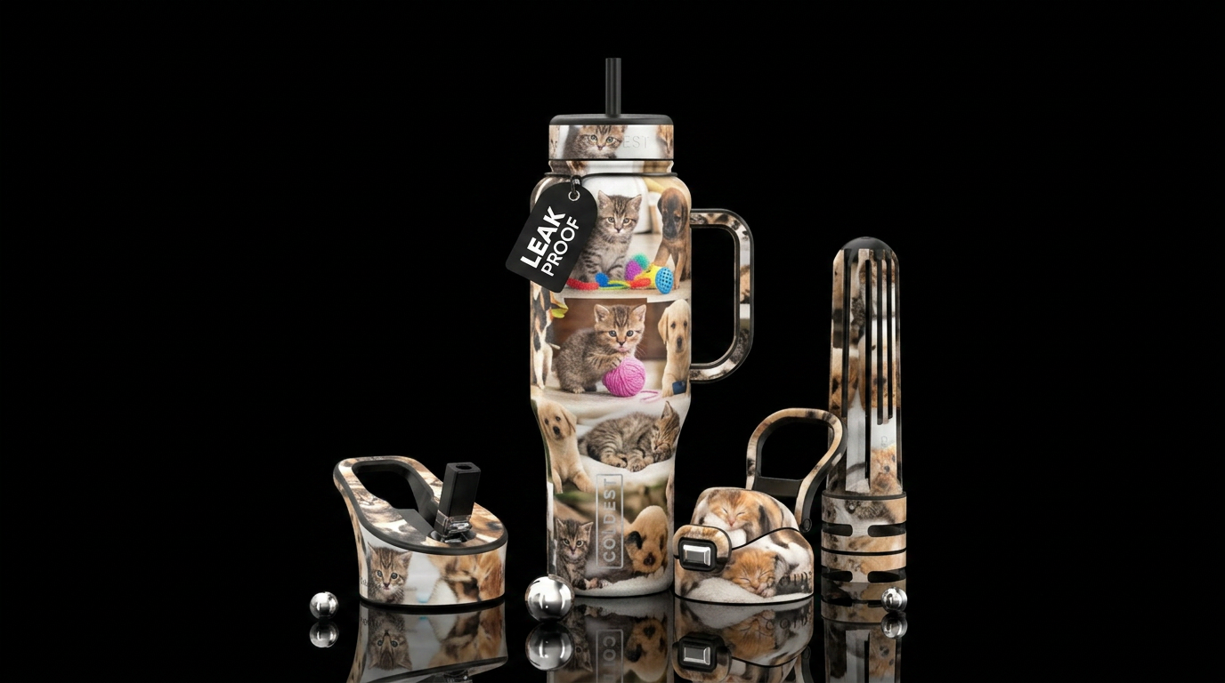Baby kittens, baby puppies, playing, sleeping,, water bottle design