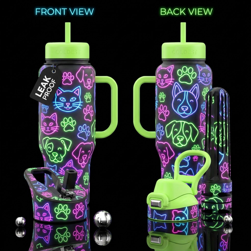 Outline of cat face, outline of cat paws, outline ... water bottle design